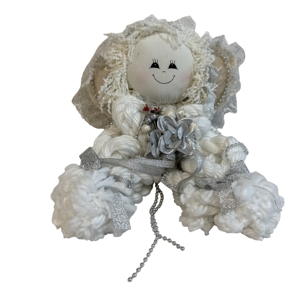 Vtg Angel Doll Plush Sitting Christmas Ornament Silver Ribbon Flower Beaded